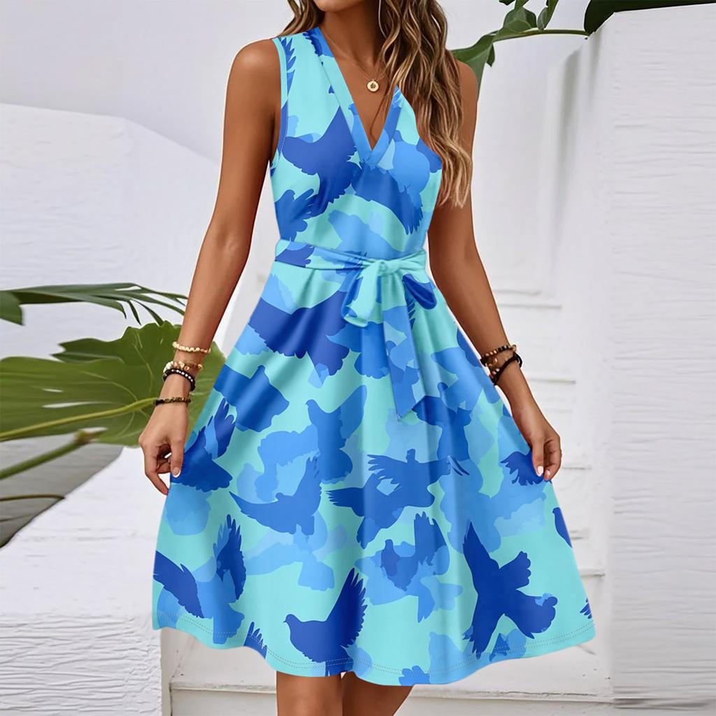 Women's Spring And Summer Casual V-Neck Sleeveless Waist Floral Print Midi Dress