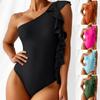 Women's Solid Color One-Piece Ruffle One Shoulder Bikini With Chest Pad Without Steel Bra Swimsuit