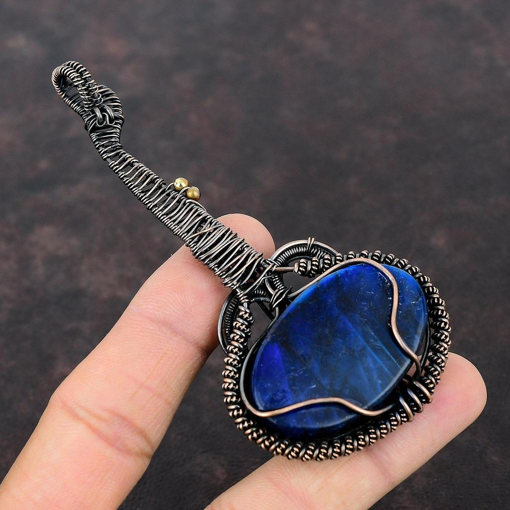 Подвеска из лабрадорита с синим огнем, медная проволока, кулон с драгоценным камнем, ювелирные изделия ручной работы, гитара, музыкальный инструмент, медные украшения для подарка