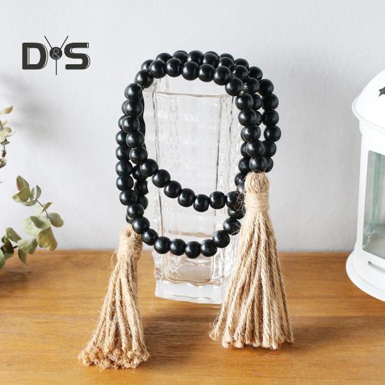 Wood Bead Garland Farmhouse Wall Hanging Decoration DIY Rustic Tassel Boho Bead String Ornament for Plant Pots Candle Holders