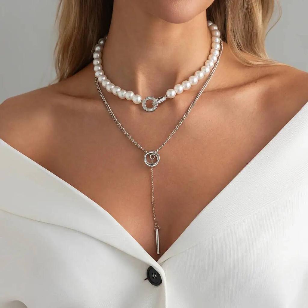 Salircon Exquisite Elegant Baroque Imitation Pearl Choker Necklace Trendy Silver Color Geometry Pendant Neck Accessories Jewelry