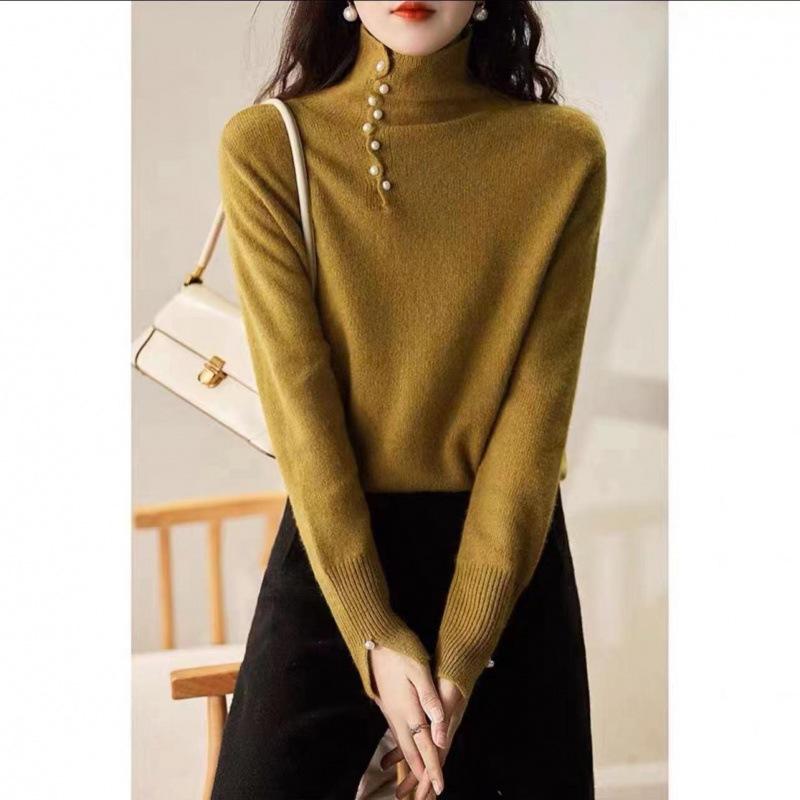 Свитер женский, осень-зима 2024, новый корейский дизайн, топ на пуговицах, теплый, высокий воротник, удобный свитер в западном стиле для женщин