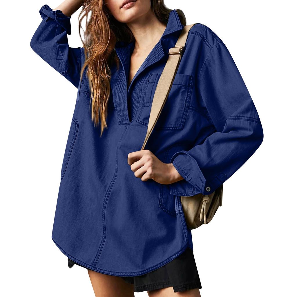Women's Denim Pullover Casual Button V Neck Blouse Loose Fit Long Sleeve Jean Jacket With Pocket