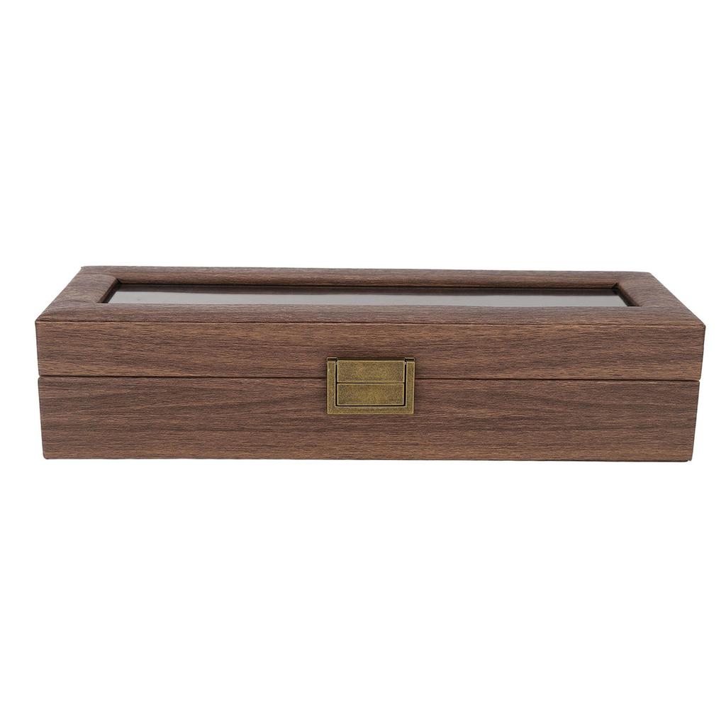 6 Slot Watch Storage Display Box Wood Grain PU Leather Lockable Wristwatch Protective Box