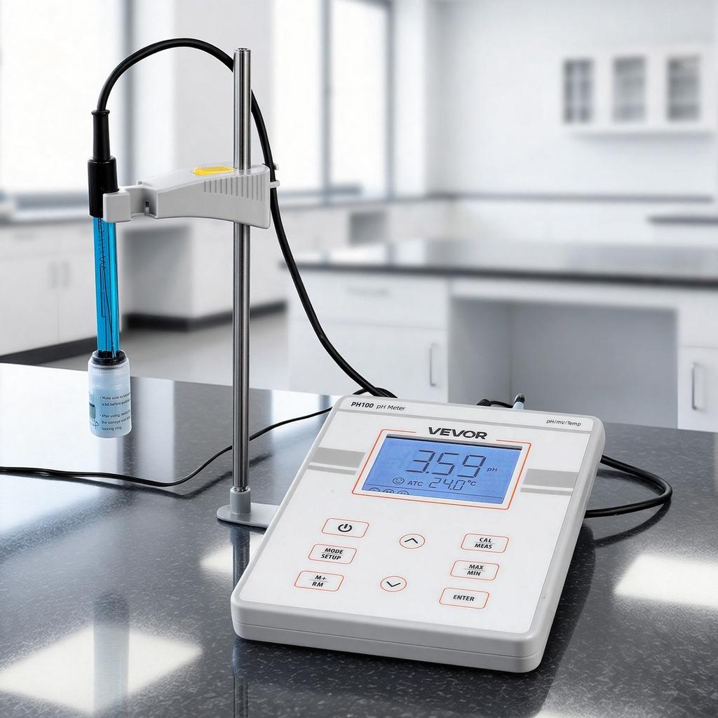 Benchtop pH Meter, 0-14 pH Range, Laboratory Tester Kit with Large Backlit Display, Calibration Solutions, Power Adapter, Stores Up to 50 Readings,