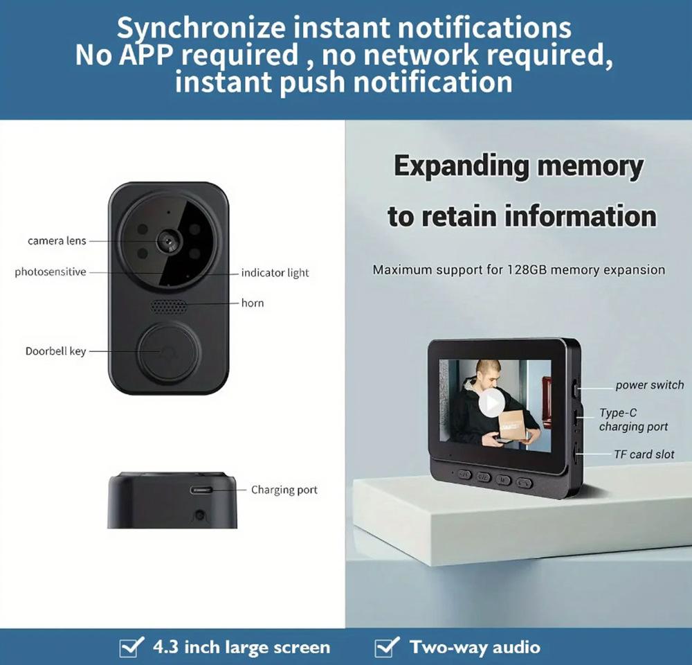 Умный беспроводной видеодомофон 4,3 дюйма с двусторонней связью и камерой-глазком