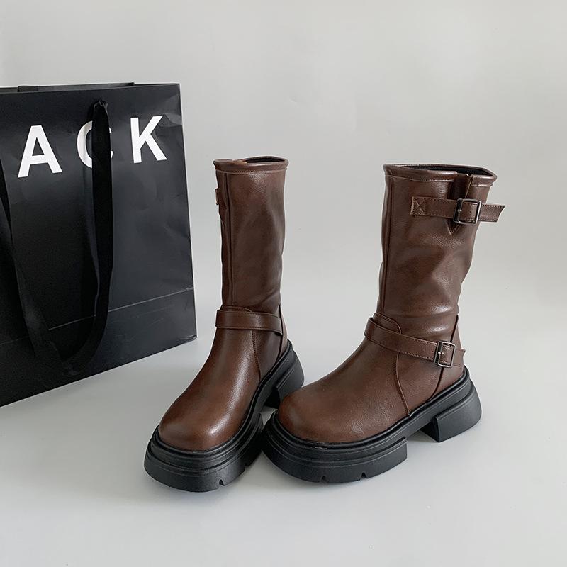 Празднуйте Винтажные Ботинки до середины икры на толстой подошве Женские Осенние из мягкой кожи в западном стиле Короткие ботильоны Женские ботинки на массивном каблуке