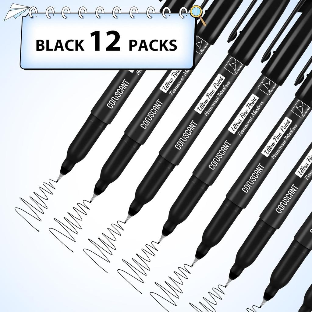 coruscant Ultra Fine Point Permanent Markers, 12 Pack Extra Fine Tip 0.4 mm Black Marker, Quick-Drying, Waterproof, Fade-Resistant, Ideal for Home,
