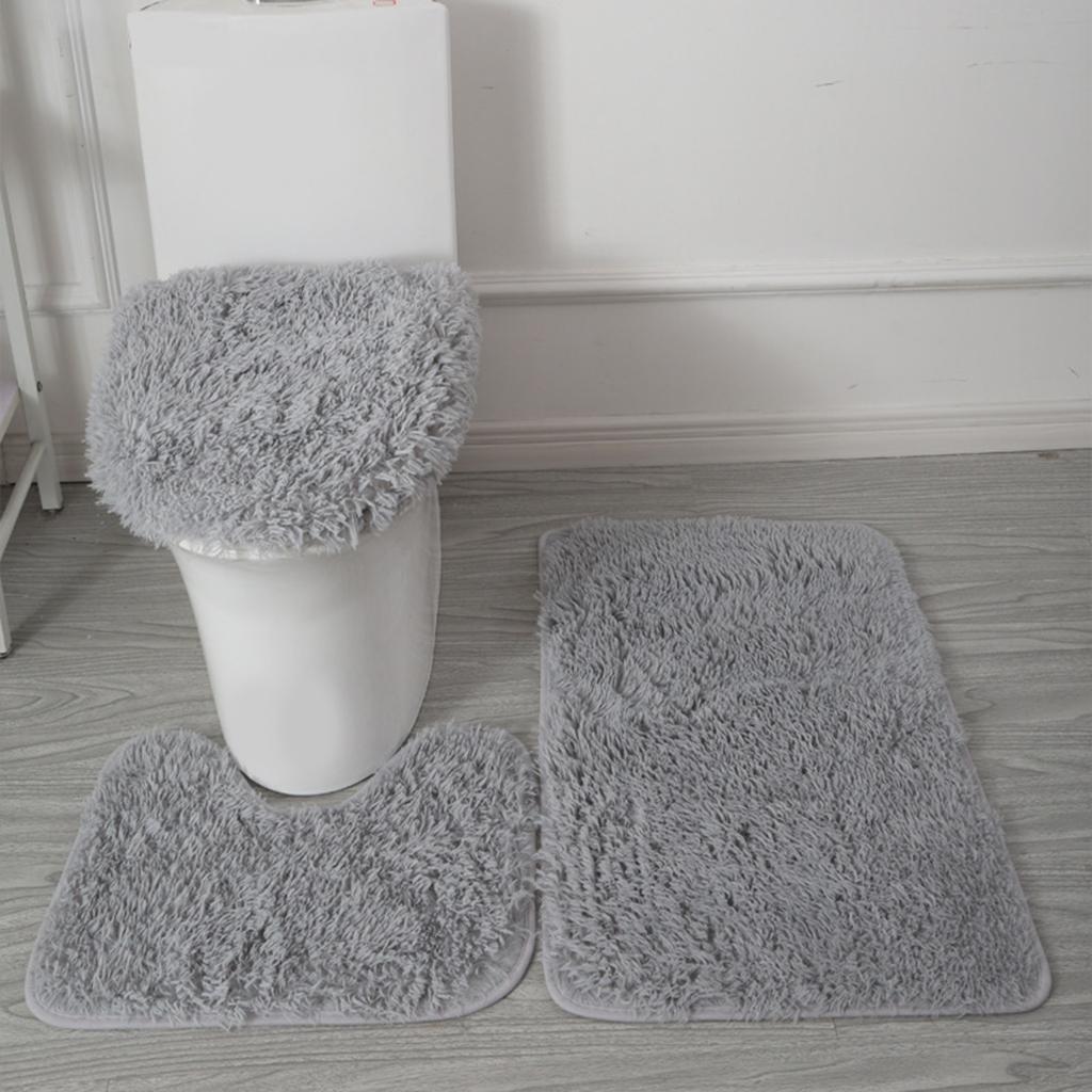 3pc Bathroom Set Rug Mat Toilet Lid Cover Plain Solid Color Bathmats