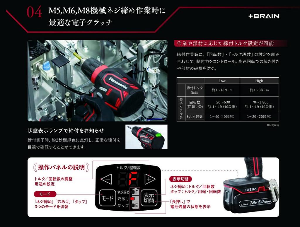 Panasonic Аккумуляторная дрель-шуруповерт продается только с двумя корпусами EXENA, оснащенная электронным сцеплением серии P, черного цвета (Зарядное устройство/аккумулятор/чехол отдельно)