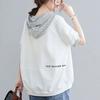 Womens Short-sleeve Hoodies Oversized Loose T-shirt Literary Striped Drawstring Hooded Stitching T-shirt Summer Plus Size