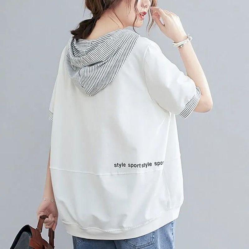 Womens Short-sleeve Hoodies Oversized Loose T-shirt Literary Striped Drawstring Hooded Stitching T-shirt Summer Plus Size
