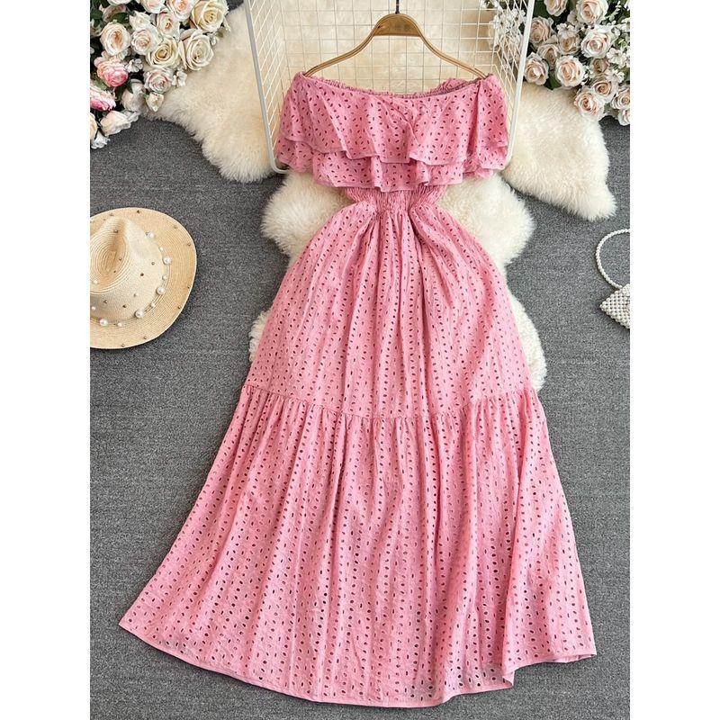 Off-the-Shoulder First Date Vintage Ruffled Waist A- Line Dress