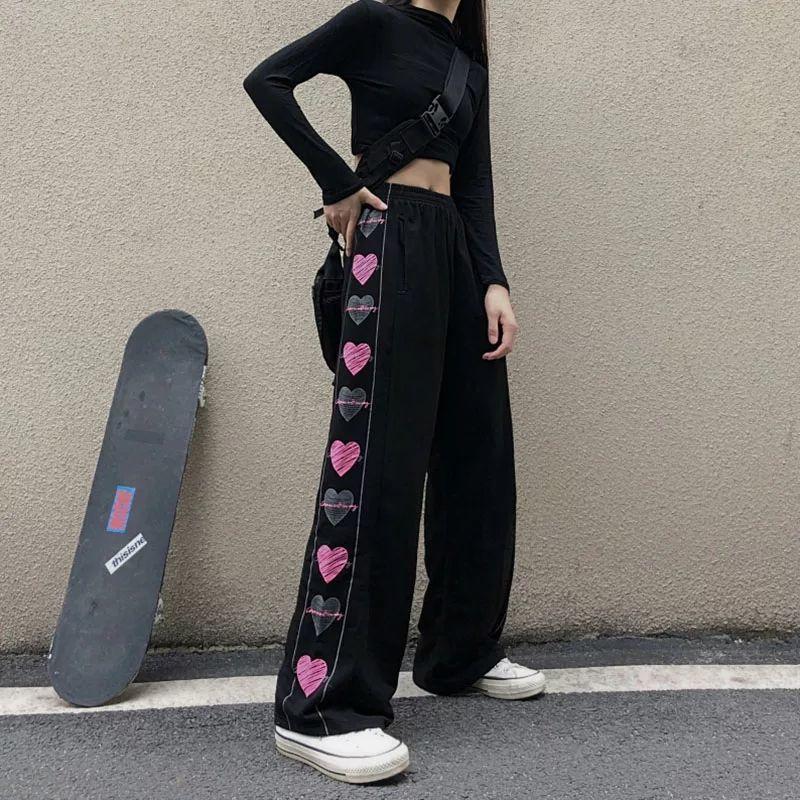 Женские брюки в стиле хиппи Харадзюку Y2k с принтом в виде сердечек Streetwear Женские широкие штаны-джоггеры Корейская мода