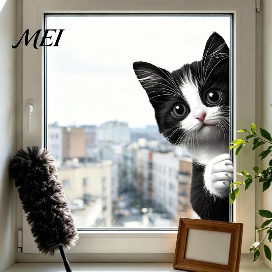 Static Cling Glass Stickers Cute Pet Sticker, 3D Peeking Animal Decal, Waterproof Reusable Theme Decorations PVC Removable Cling, for Home Balcony And