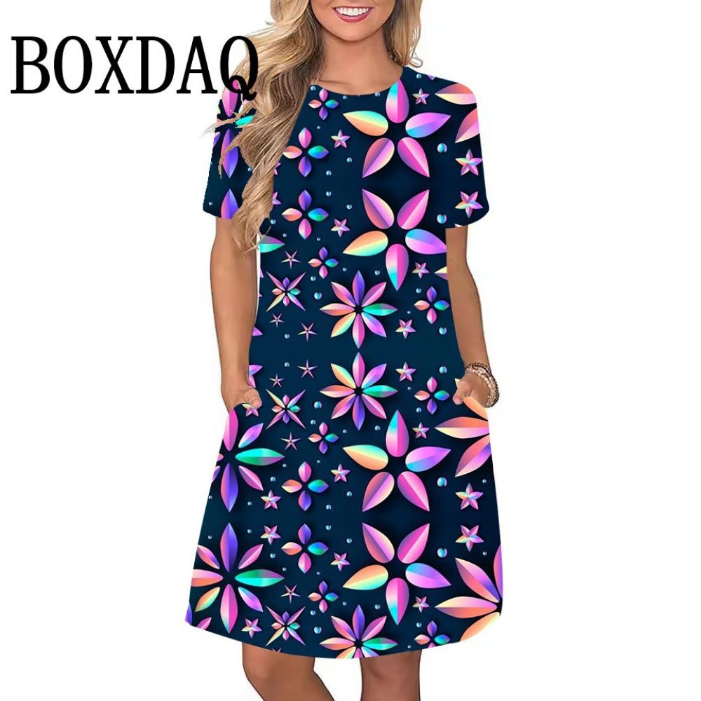 Летнее платье с принтом синих роз для женщин, элегантное платье с короткими рукавами и круглым вырезом для пляжной вечеринки, свободная и повседневная женская одежда