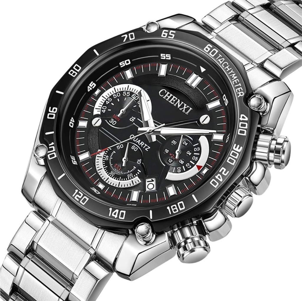 Watch Chronograph Metal Band Date 30M Water Resistant Watch Quartz X O.H Men's (Black Silver)