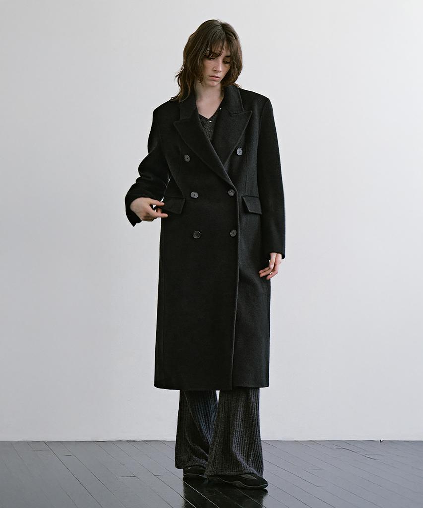 TREEMINGBIRD Peaked-Lapel Double-Breasted Handmade Coat [ Black ]