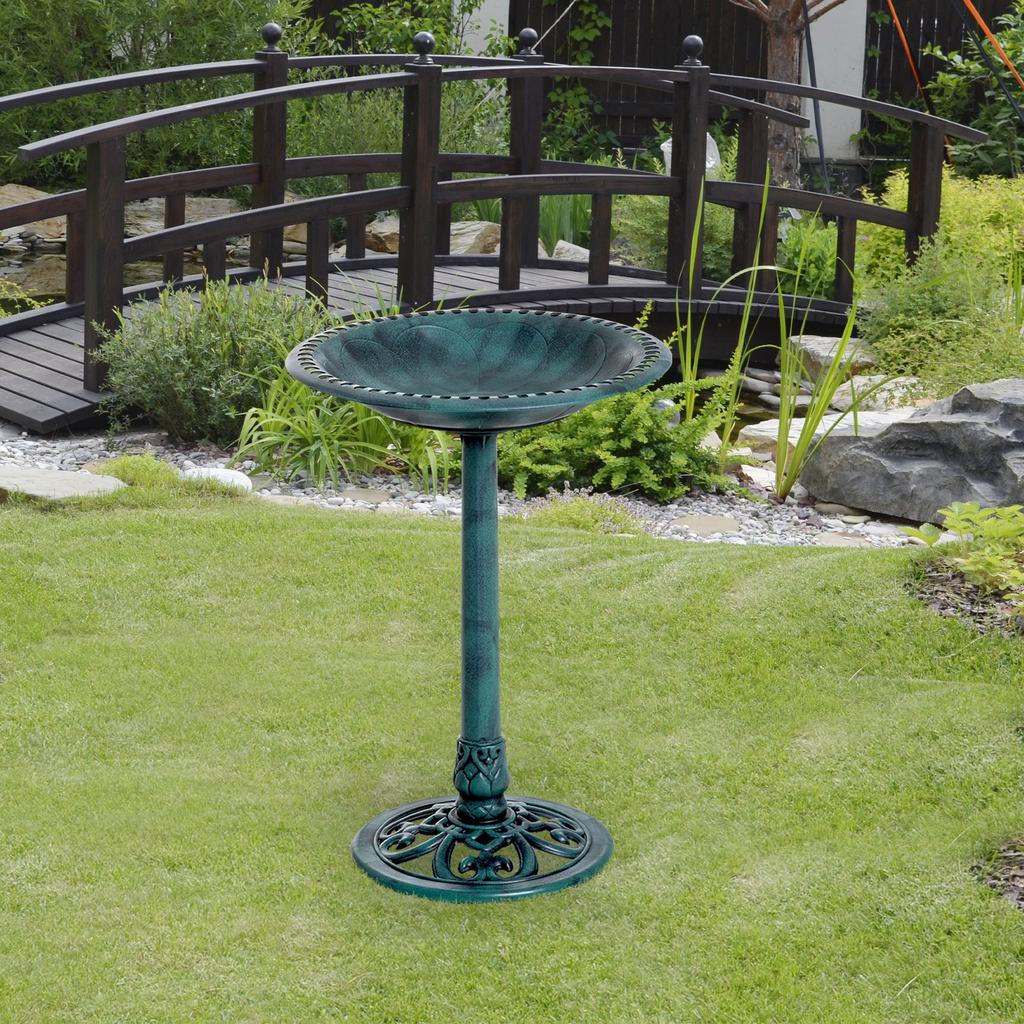 Garden Bird Bath Outdoor Decrative Garden Feeder Stand with Scallop-like Pattern. Time-Worn Finish. 50cm. Green
