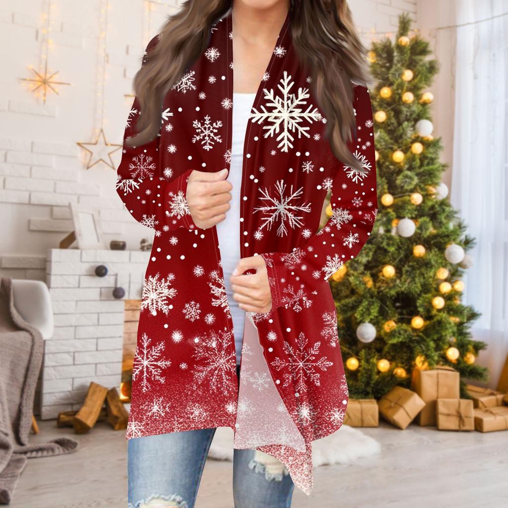 Женская мода повседневная рождественская печать средней длины кардиган куртка пальто