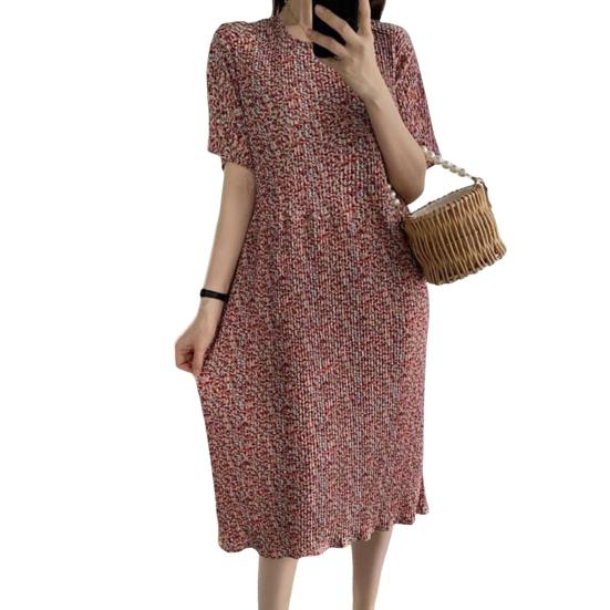 Summer Women Dress Small Flower Print Crew Neck Loose Short Sleeves Pleated Mid-calf Length Pullover Shopping Midi Dress