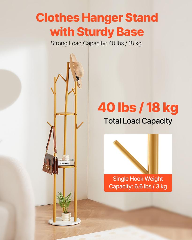 VEVOR Coat Rack, Freestanding Coat Rack Stand with Quartz Stone Base & 9 Hooks, Free Standing Hall Coat Tree for Entryway, Bedroom, Office