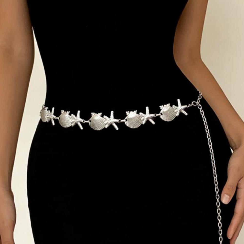 Vintage Boho Metal Waist Chain Women Shell Pearl Starfish Waist Chain Fashion Casual Vacation Beach Jewelry Accessories Gifts