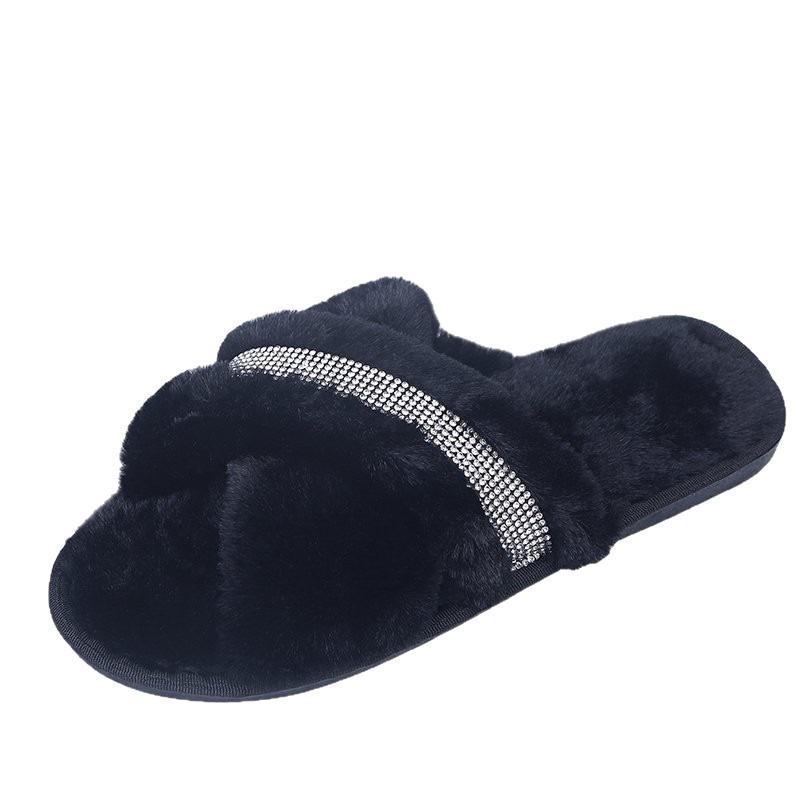 Rhinestone Strips Cross Flat Bottom Fluffy Slippers Women's Autumn and Winter Home Warm Cotton Slippers Comfortable