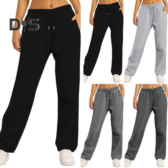 Women Fall Winter Pants Drawstring Elastic Waist Wide Leg Loose Soft Solid Color Pockets High Waist Soft Breathable Full Length Sports Trousers Yoga