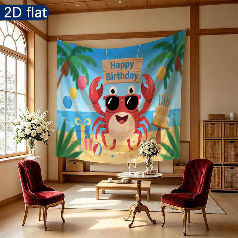 Crab Birthday Party Banner, Polyester Backdrop for Home Room Wall Decor and Photo Props