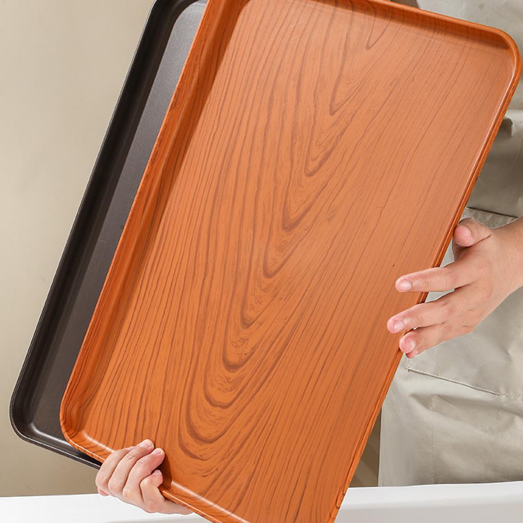 Wood Grain Plastic Food Serving Tray Stackable Dessert Fruit Tray Tea Tray Large Capacity Storage Tray Kitchen Stoage Organizer