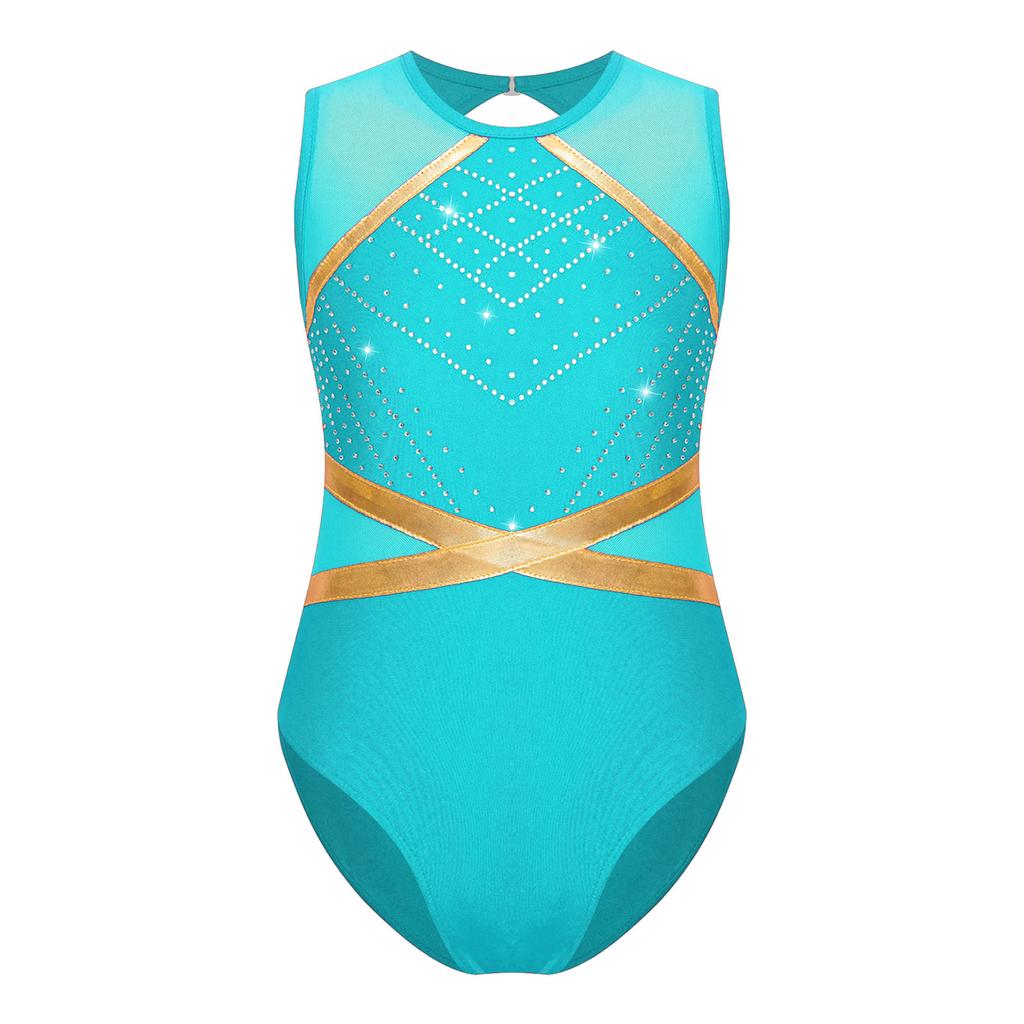 Блестящий купальник для девочек, украшенный стразами, с вырезом на спине в виде замочной скважины, боди без рукавов для фигурного катания