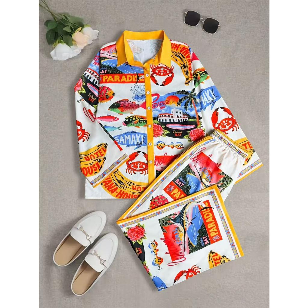 Женские комплекты в стиле отпуска, круизная одежда, морской тропический принт, рубашка, брюки, комплект из 2 предметов