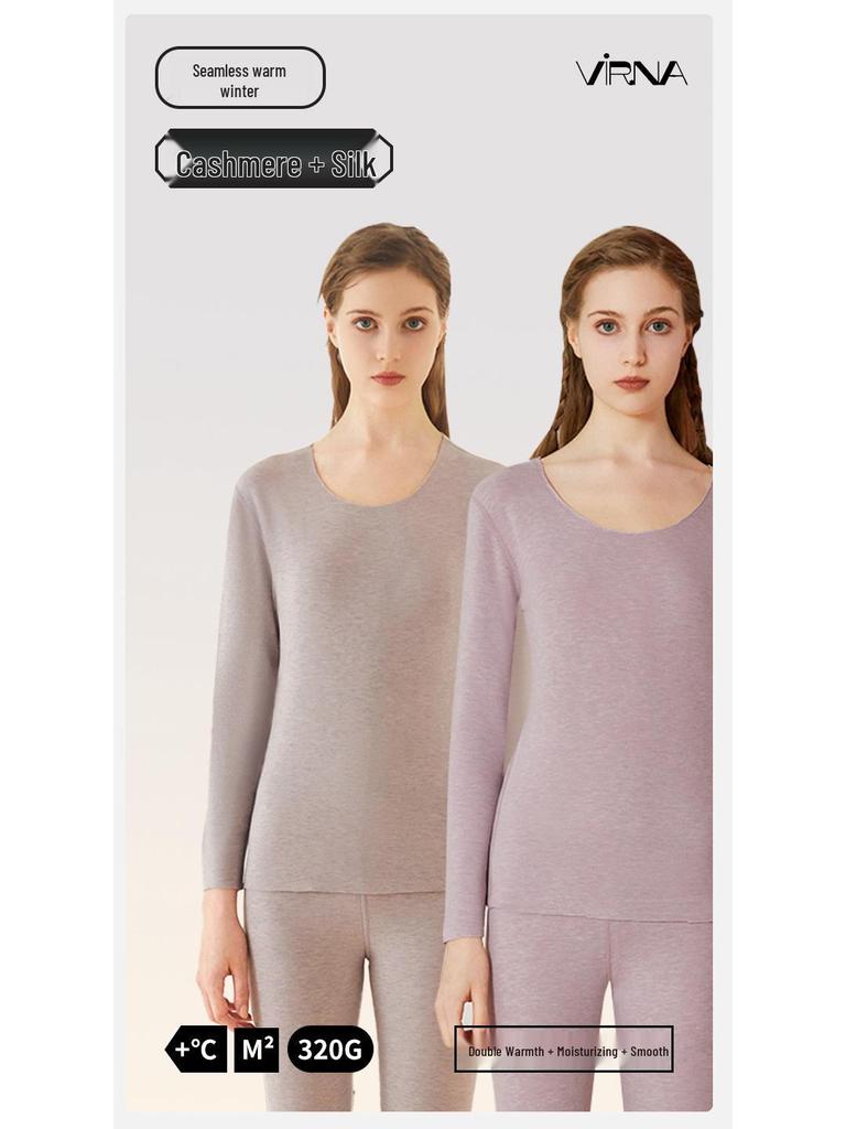 Women's Cashmere Silk Seamless Warm Underwear Set - Fleece-Lined Base Layer for Autumn and Winter