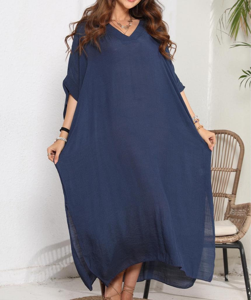 Плюс размер Женское Летнее Повседневное Праздничное Пляжное Платье Купальники Сплошной Свободный Пляжная Одежда Женский V-образный Вырез Половина Рукава Платье