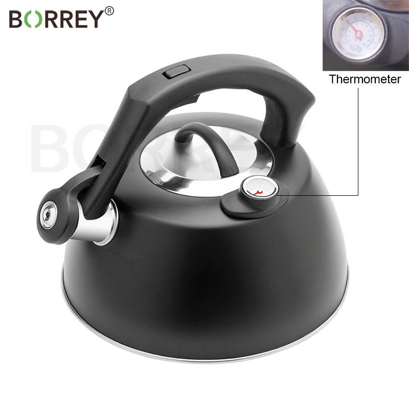 Чайник BORREY из нержавеющей стали со свистком, дисплей температуры, чайник, кофейник, кухонная газовая плита, индукционная плита, чайник 2,5 л