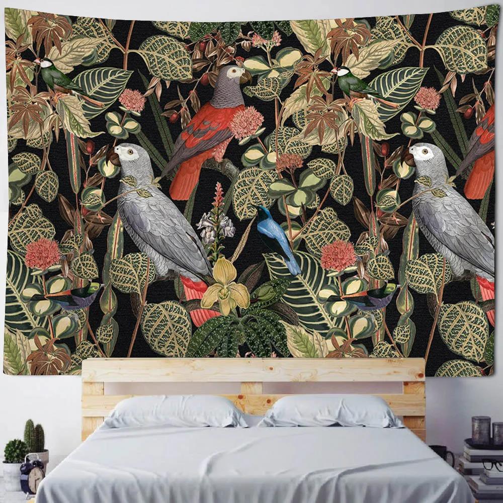 Bohemian Hippie Tropical Plant Psychedelic Flower & Bird Oil Painting Tapestry Table Mat Home Decoration Fabric Mural