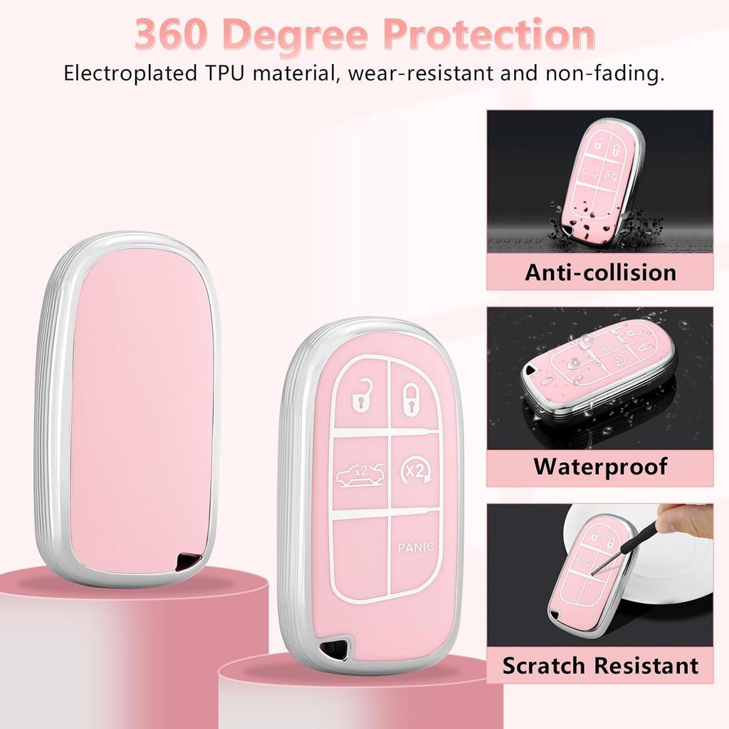 PIFOOG Pink Key Fob Cover for Jeep Cherokee Grand Cherokee Compass Renegade Bling Keychain 5 Buttons Car Keys Case Shell Full Covers Protector Girly