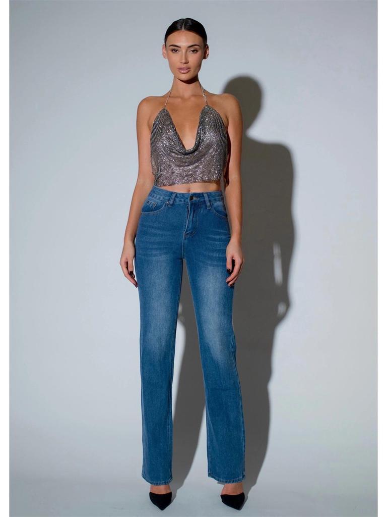 Европейская и американская мода Стразы Цепочка Бретелька Глубокий V-образный вырез Открытая спина Кроп-топ