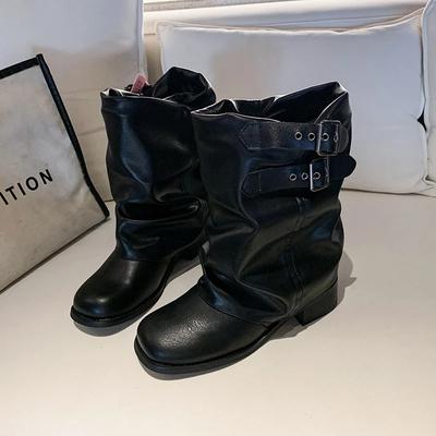 Женские ботинки челси в панк-стиле, модные туфли с ремешком и пряжкой, осенне-зимние ботильоны на толстом каблуке в рыцарском стиле