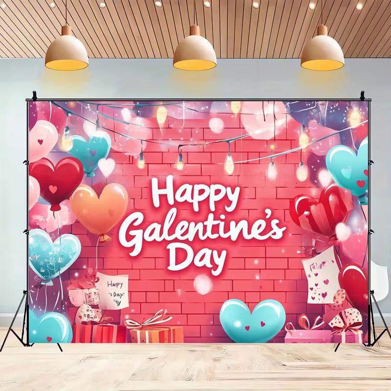 2D Galentine's Day Photo Booth Backdrop with Hearts and Gift Boxes