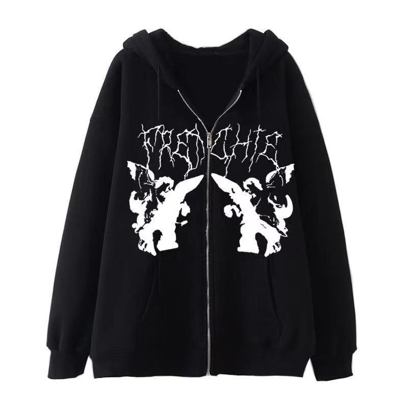 Dark Skull Graphic Zip Up Hoodie Gothic Streetwear Loose Fit Men Women Teens