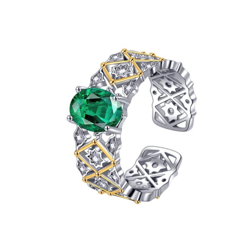 S925 Sterling Silver Emerald Diamond Ring Women'S Medieval Lace Electroplated Gold Light Luxury Open Index Finger Ring Retro Style
