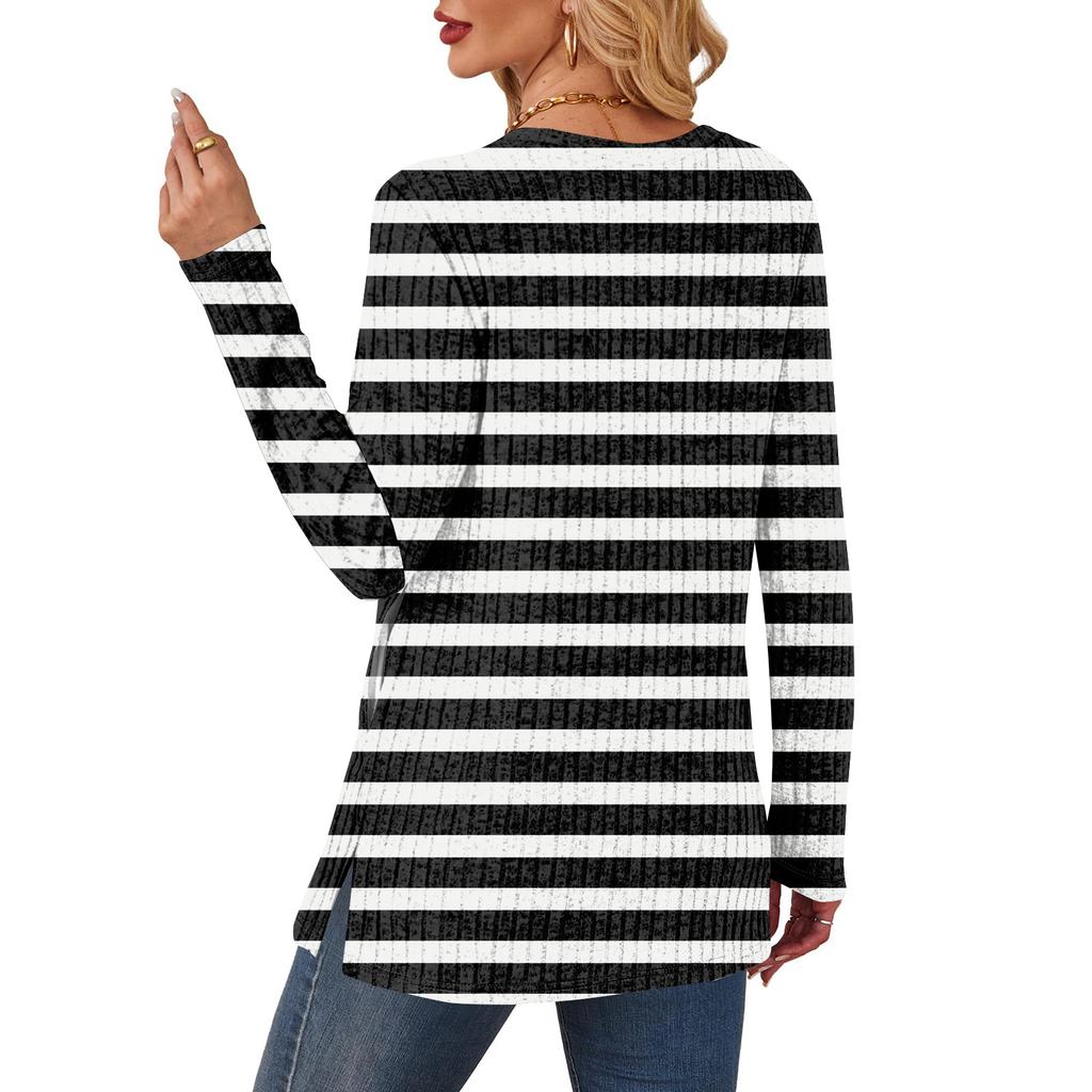 Women's Striped Printed Round-neck Long-sleeved Top With Pockets And Side Slits