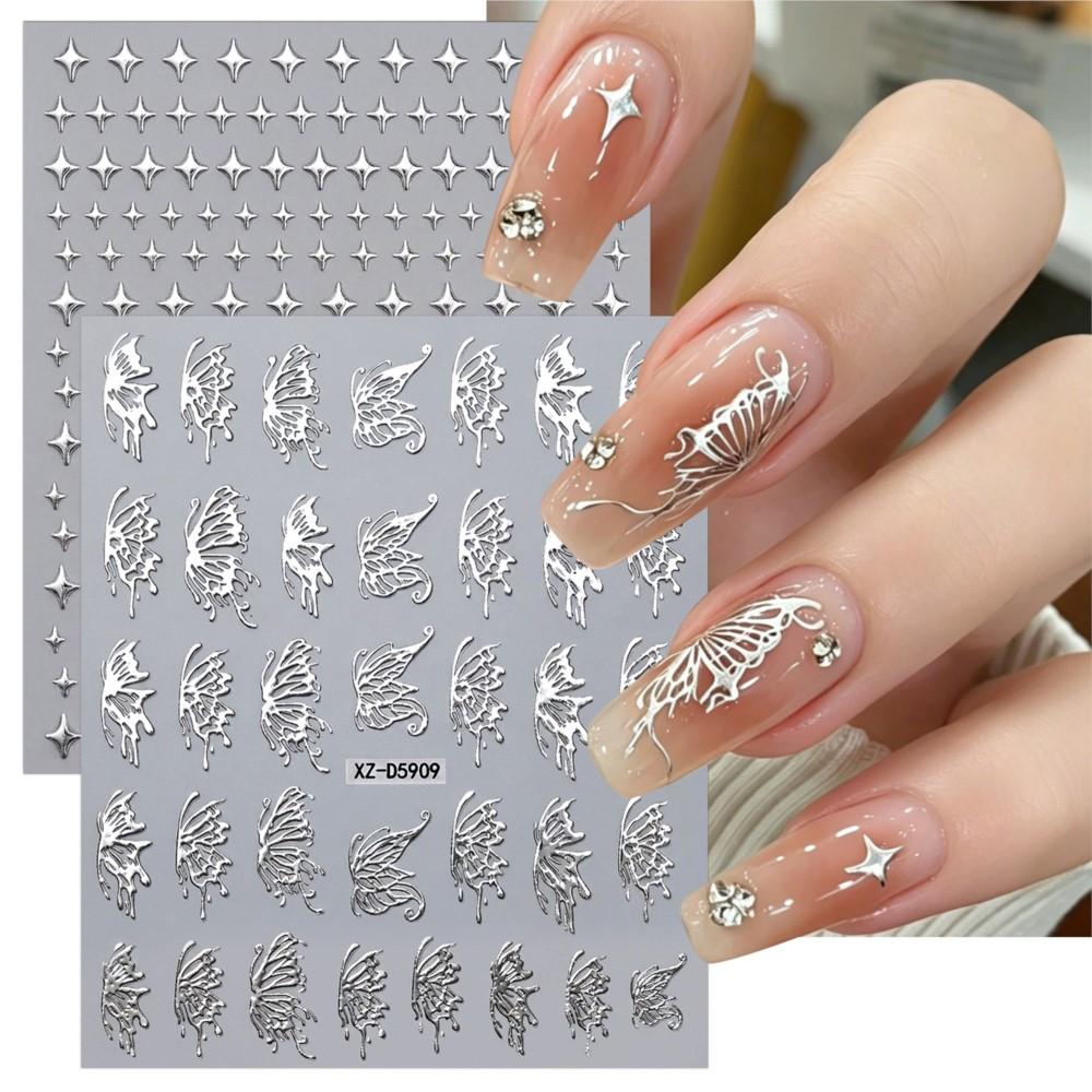12pcs Y2k 3D Bronzing Silver Moon Star Snake Nail stickers Metallic Silver Rose Flower Nail Decals Slef-Adhesive Nail Decoration