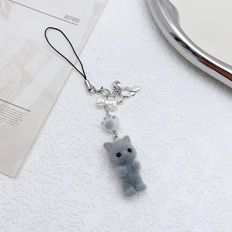 Kawaii Flocking Cat Pendant Phone Lanyard Y2K Cute Bow Kitten Phone Chain Korean Mobile Phone Charm Keycord Girl Gifts