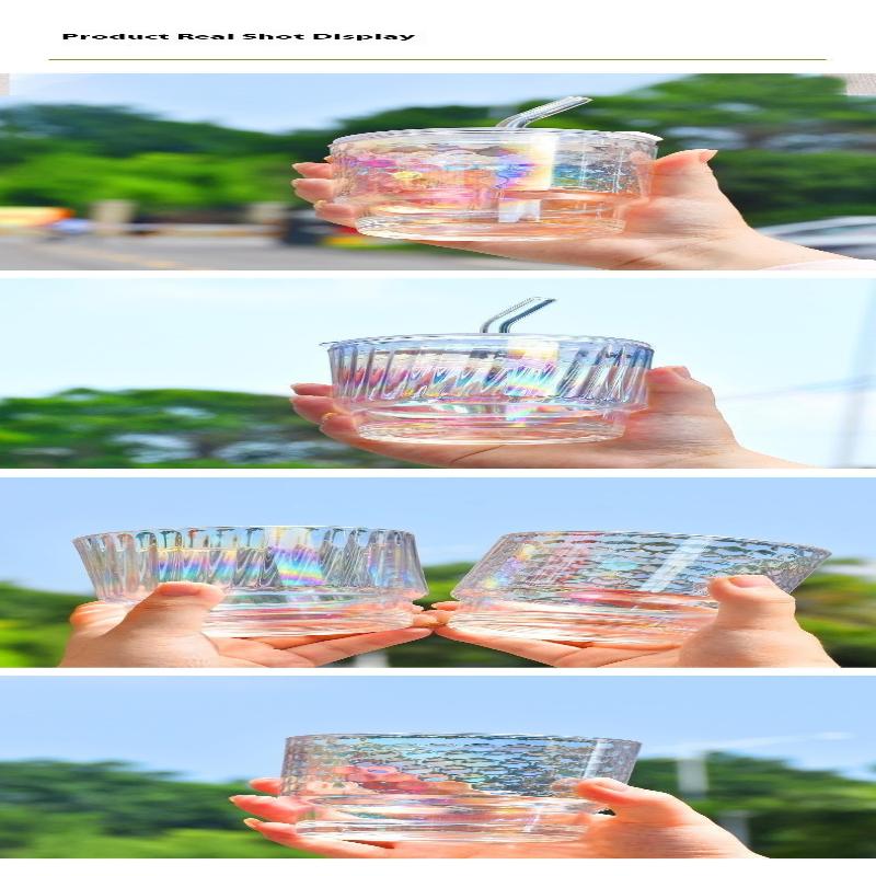Colourful Coating Glass Cup Portable Household Iced Coffee Juice Drink Mug With Plastic Lid And Glass Straw