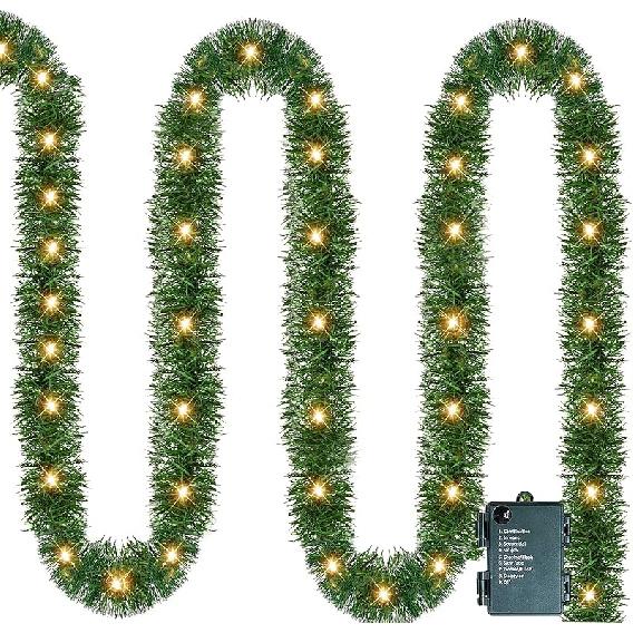 Nerosun 14.8 FT Artificial Christmas Garland, 50 Pre-Lit LED Mini String Lights Battery Operated Xmas Garland for Home Stair Railing Indoor Wedding