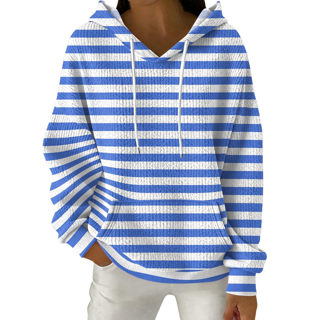 Women's Fashion Casual Striped Print Pullover Long-Sleeve Hooded Sweatshirt
