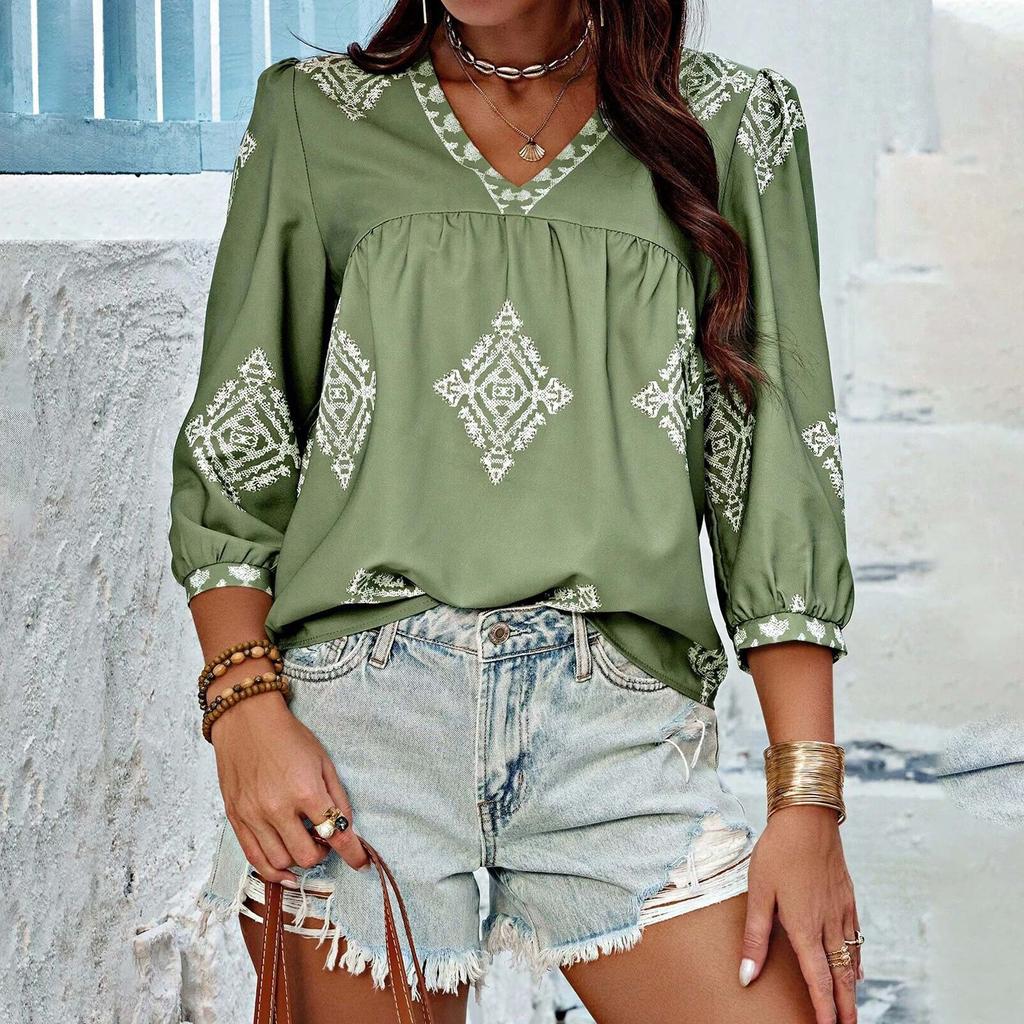 Женский модный повседневный топ с v-образным вырезом и семью рукавами с принтом